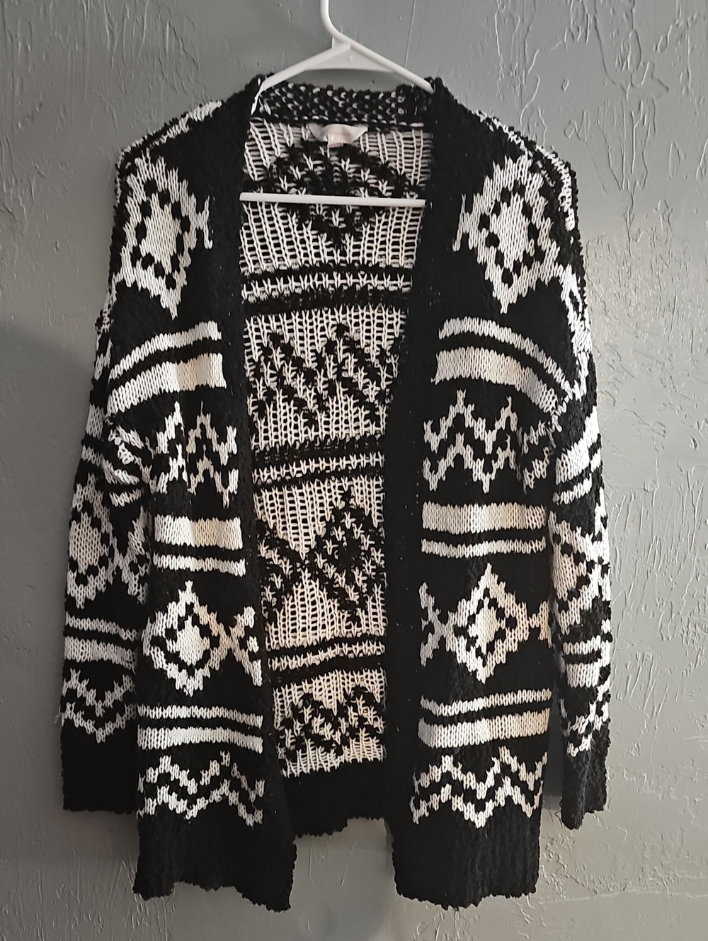 No Boundaries Black and White Geometric Open-Front Cardigan
